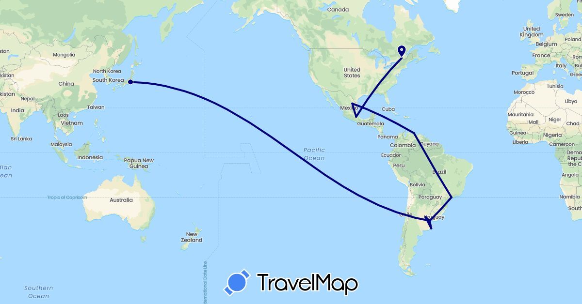 TravelMap itinerary: driving in Argentina, Brazil, Canada, Japan, Mexico, Venezuela (Asia, North America, South America)